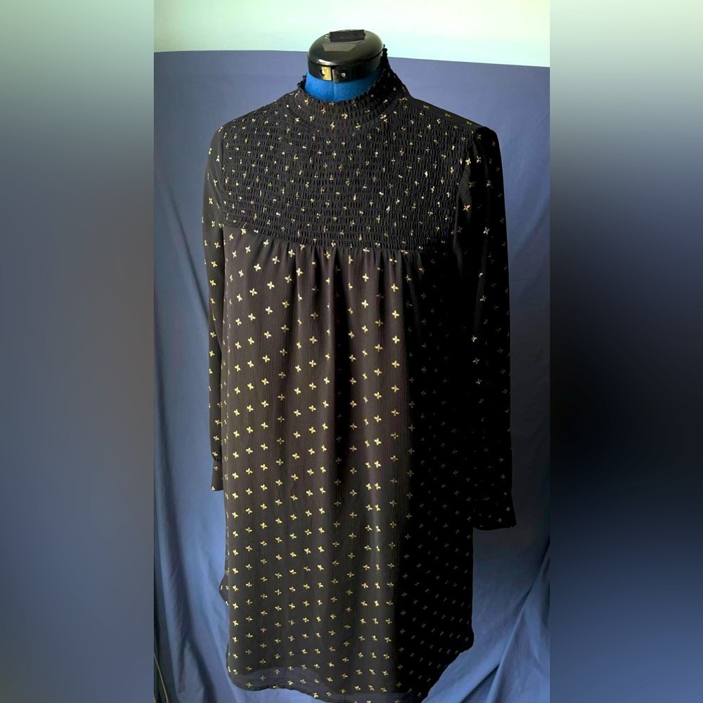 A New Day Smocked Shift Mini Dress with Gold Foil Black Medium Elastic Neckline
